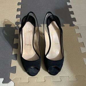 Christian Louboutin Elegant Black Satin Peep Toe Slingback Heels